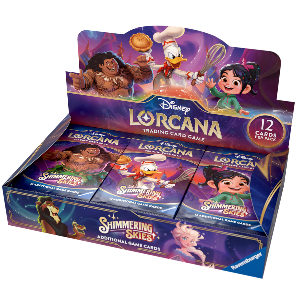 Disney Lorcana TCG Shimmering Skies booster box featuring 24 packs, each with 12 collectible cards and vibrant character artwork.