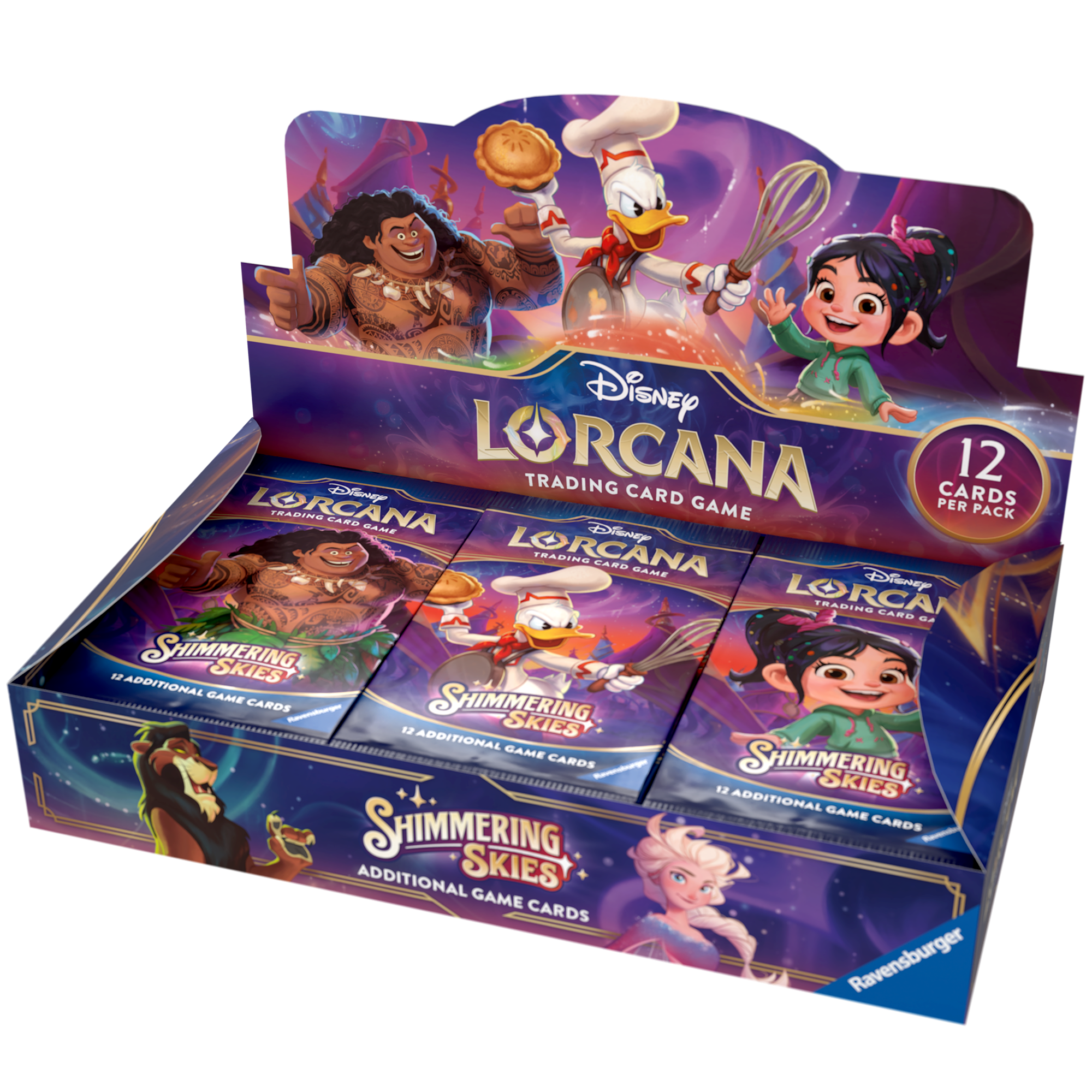 Disney Lorcana TCG Shimmering Skies booster box featuring 24 packs, each with 12 collectible cards and vibrant character artwork.