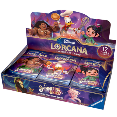 Disney Lorcana TCG Shimmering Skies booster box featuring 24 packs, each with 12 collectible cards and vibrant character artwork.