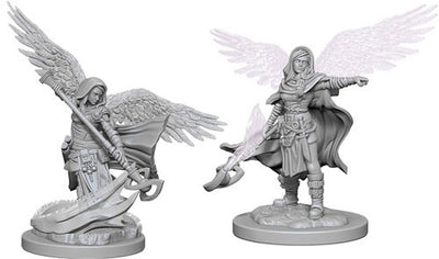 Unpainted Aasimar female wizard miniature with wings, holding a staff and sword, ideal for Dungeons & Dragons gameplay.