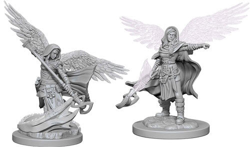 Unpainted Aasimar female wizard miniature with wings, holding a staff and sword, ideal for Dungeons & Dragons gameplay.