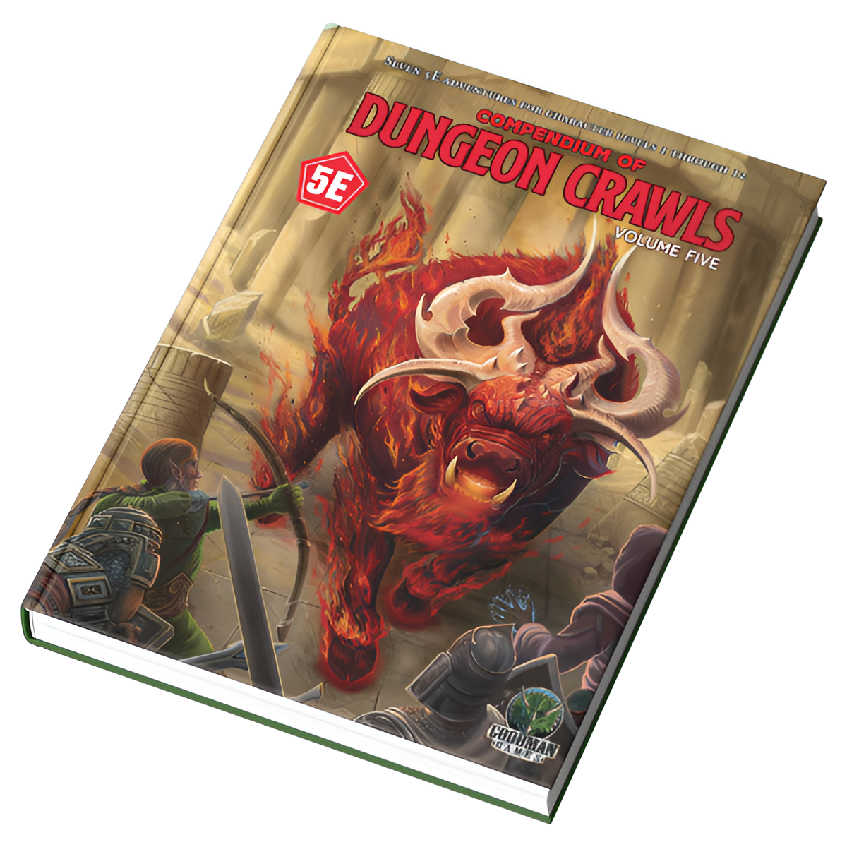 D&D 5E Compendium of Dungeon Crawls Volume 5 features a fiery creature and adventurers in a dungeon setting.