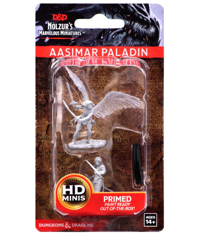 Unpainted Aasimar female paladin miniature from Dungeons & Dragons, primed and ready for painting, packaged for display.