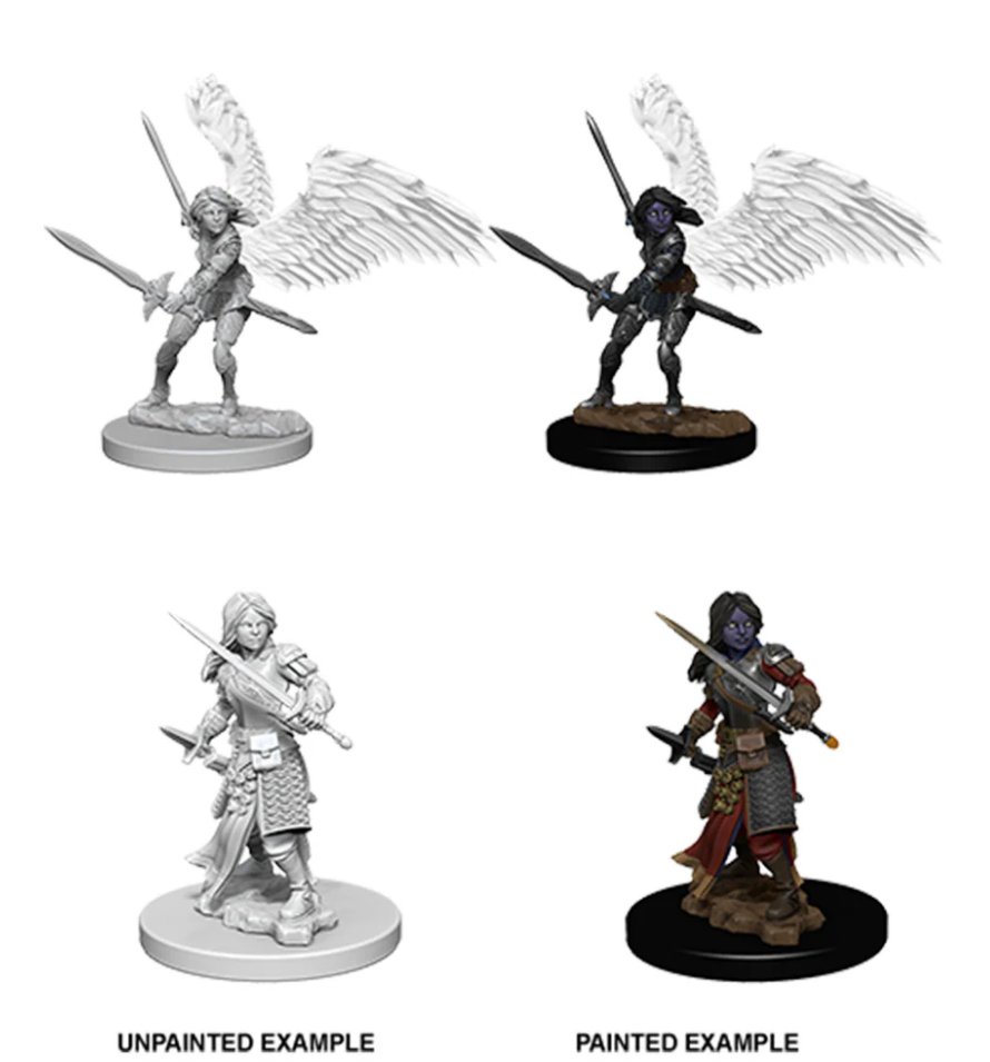 Unpainted and painted examples of Nolzur's Marvelous Miniatures Aasimar Female Paladin with wings and sword.