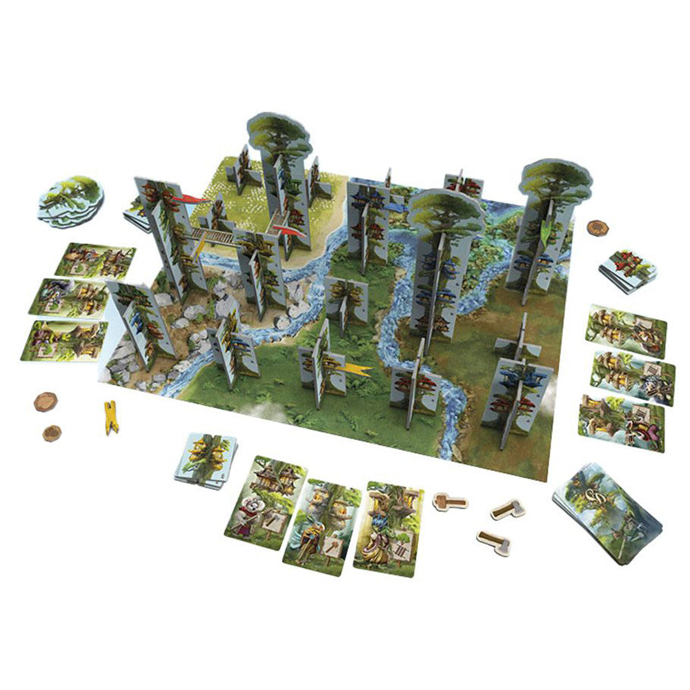 Colorful board game setup for Builders of Sylvan Dale, featuring a forest landscape, player pieces, and resource cards.