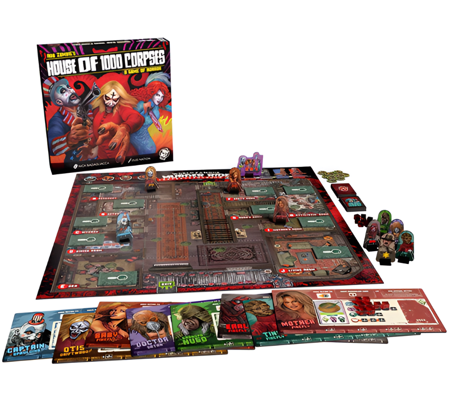 House of 1000 Corpses board game setup featuring the game box, game board, character cards, and miniatures.