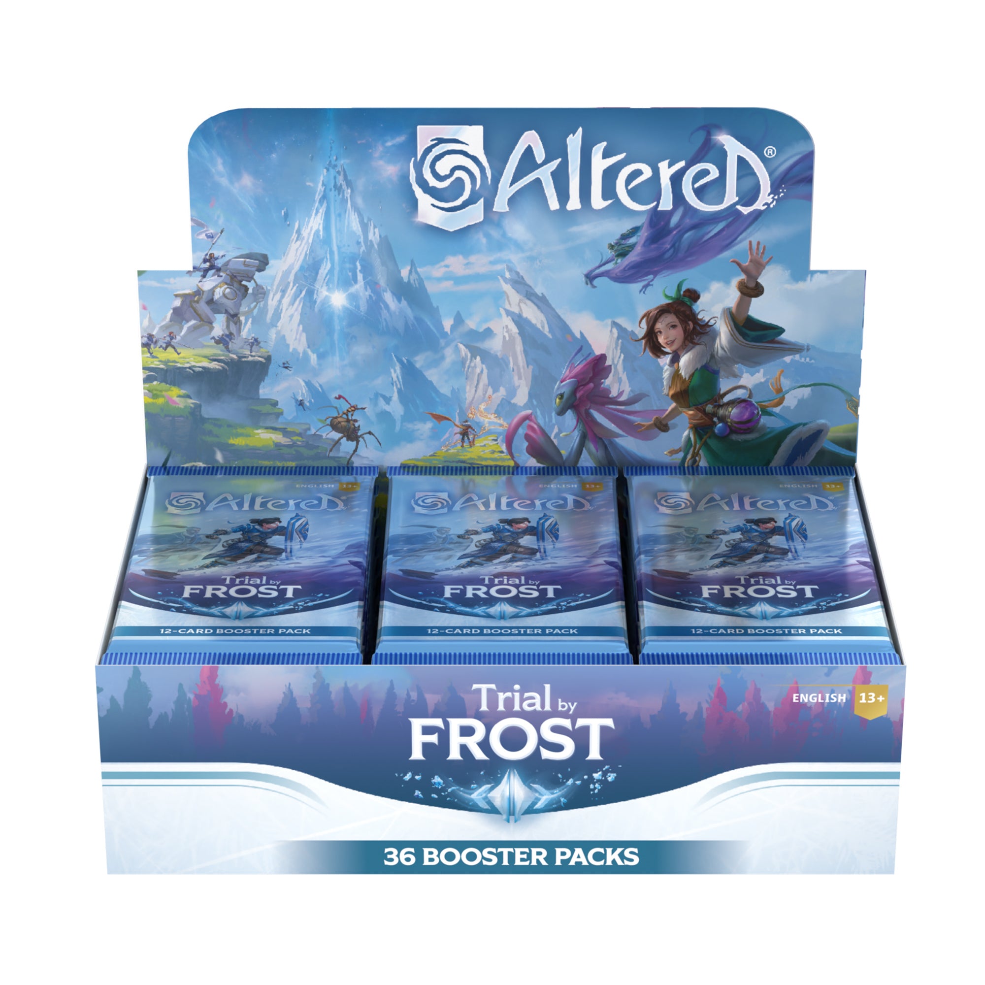 Booster box of Altered TCG: Trial by Frost featuring 36 booster packs, with vibrant artwork and fantasy elements.