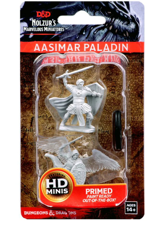 Unpainted Aasimar male paladin miniature from Dungeons & Dragons, primed and ready for painting, packaged in a clear display.
