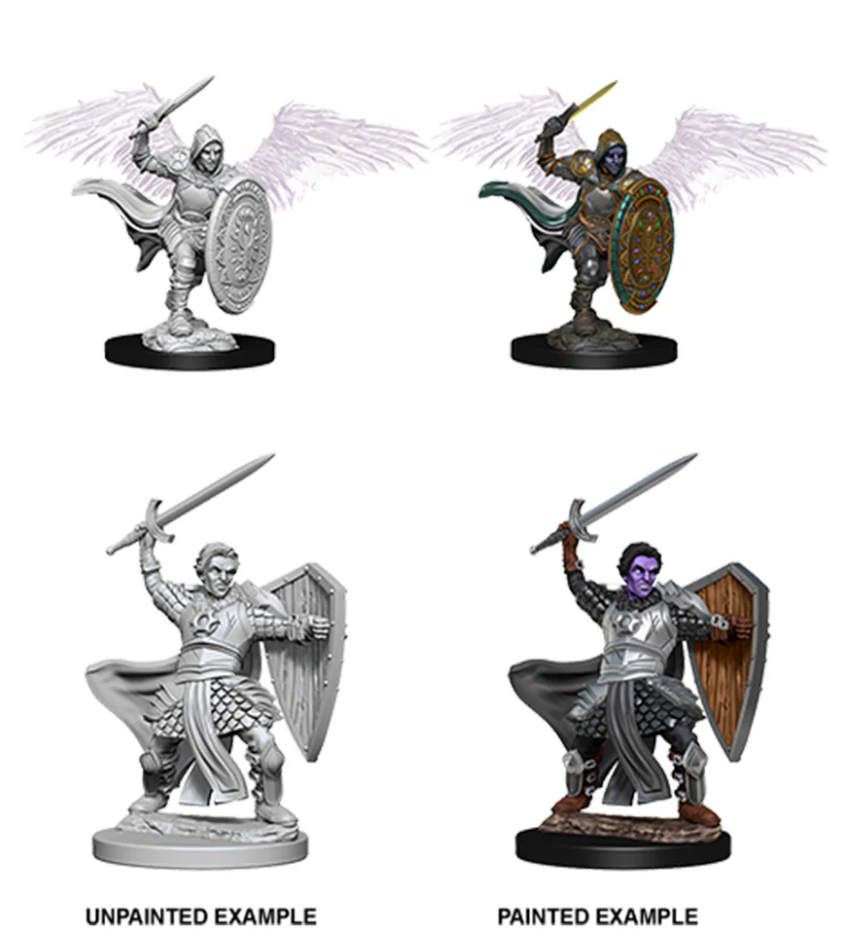 Unpainted and painted Aasimar male paladin miniatures for Dungeons & Dragons, showcasing detailed armor and wings.