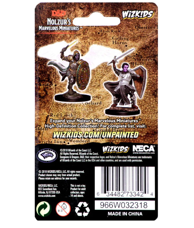 Unpainted Dungeons & Dragons miniatures featuring an Aasimar male paladin with a shield and sword, ideal for tabletop gaming.