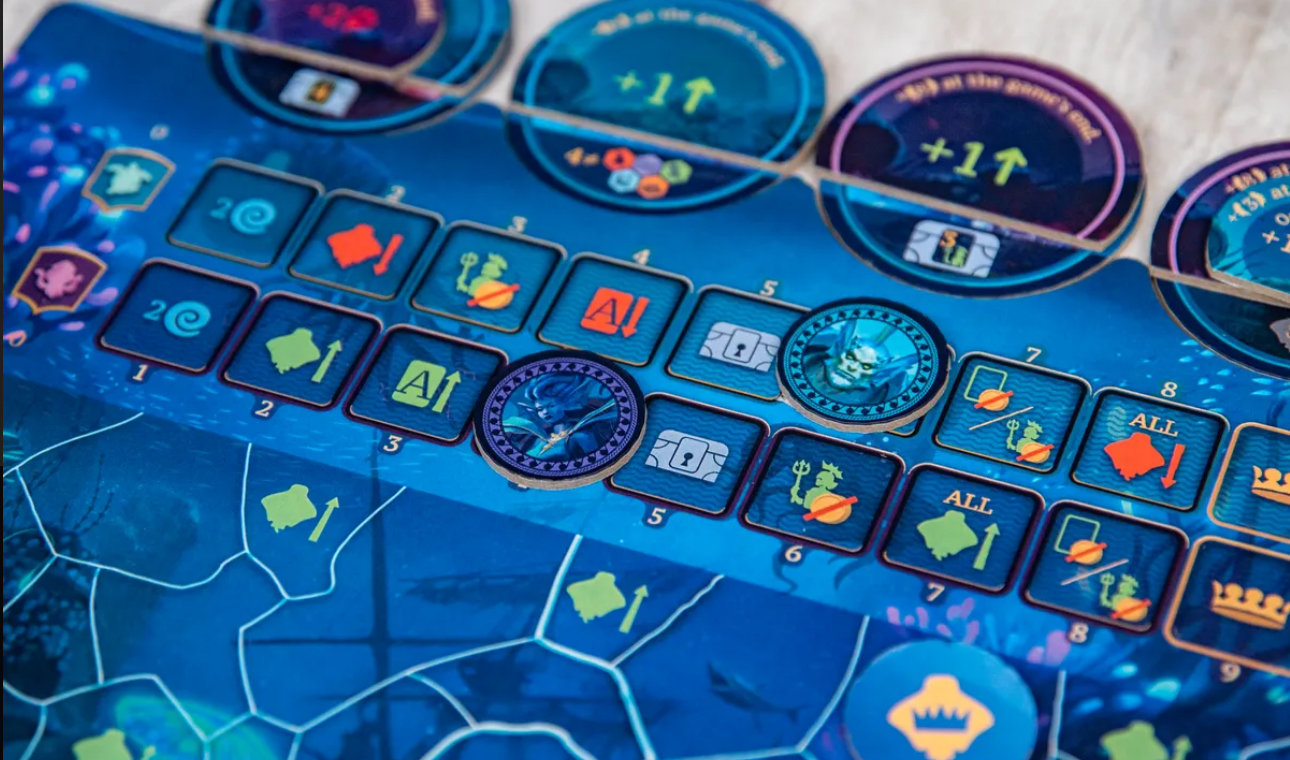 Close-up of the Aquatica Duellum game board showing player actions, resources, and scoring elements for strategic gameplay.