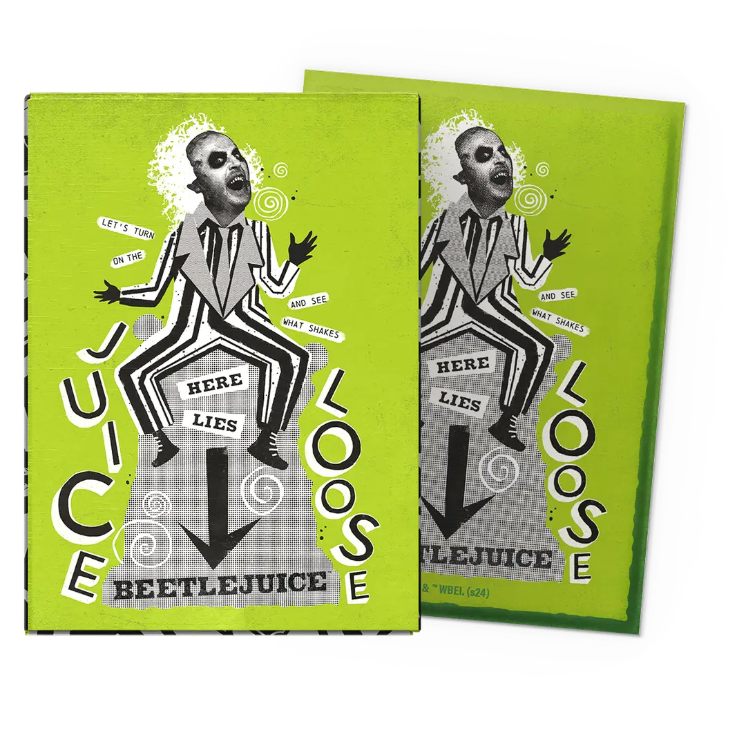 Dragon Shield Beetlejuice brushed art card sleeves featuring a vibrant green design with Beetlejuice graphics and text.