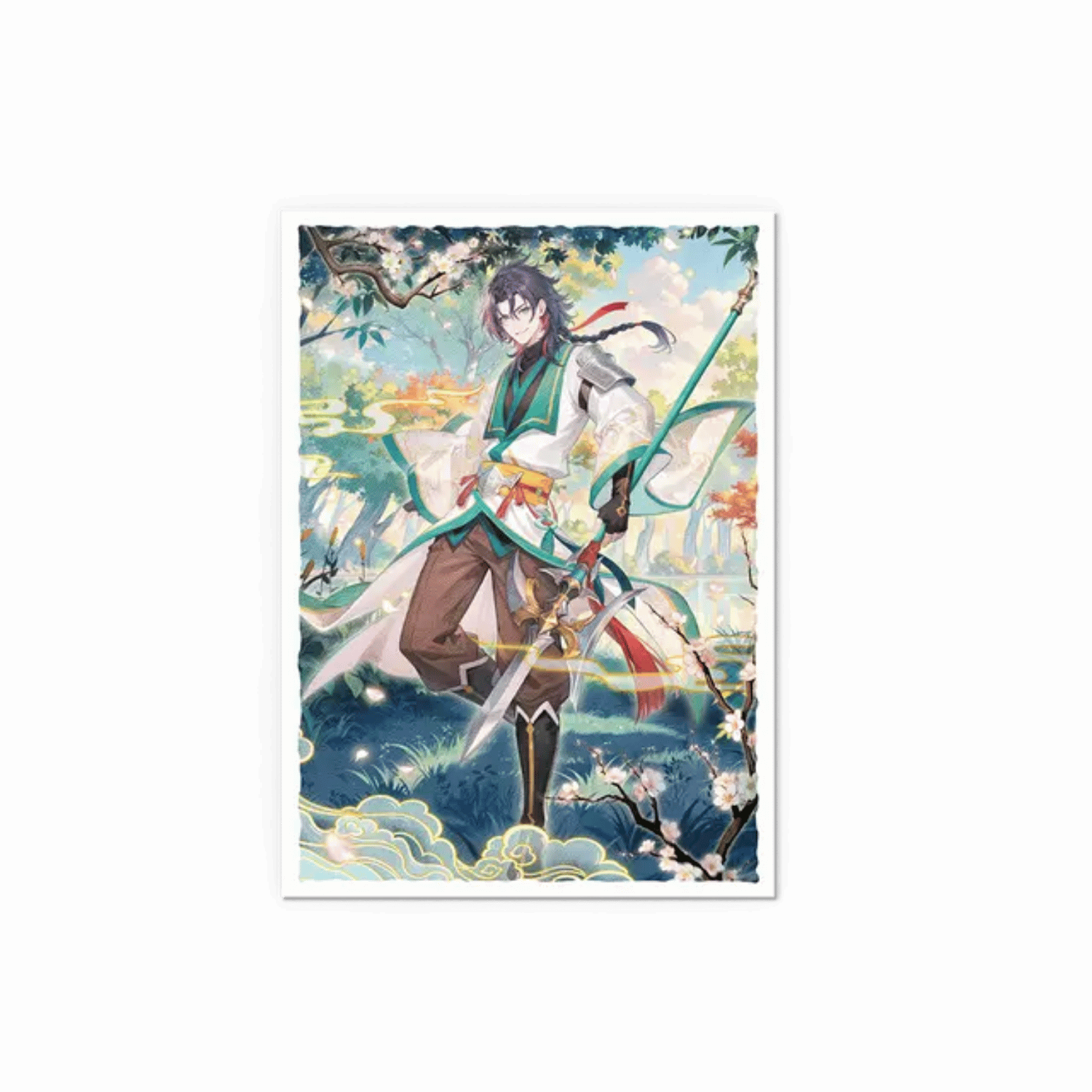 Matte card sleeves featuring "Jin, Fate Defiant" artwork, showcasing a character in a vibrant, nature-inspired setting.