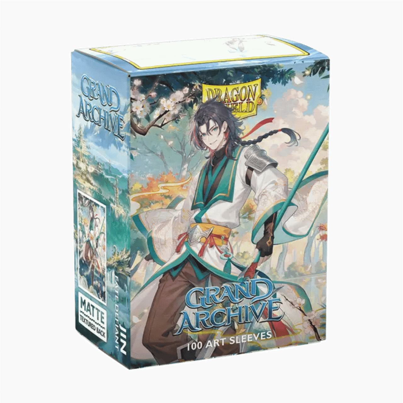 Dragon Shield Grand Archive Jin Fate Defiant matte card sleeves box featuring vibrant artwork and 100 protective sleeves.