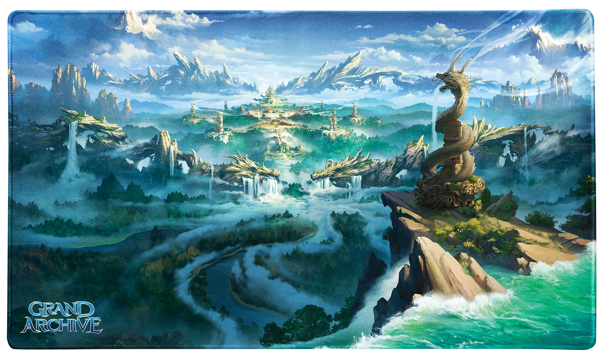 Vibrant playmat featuring a majestic landscape with a dragon statue, mountains, and a mystical palace in the distance.