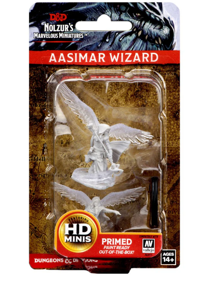 Unpainted Aasimar female wizard miniature from Dungeons & Dragons, featuring wings and a staff, ready for painting.