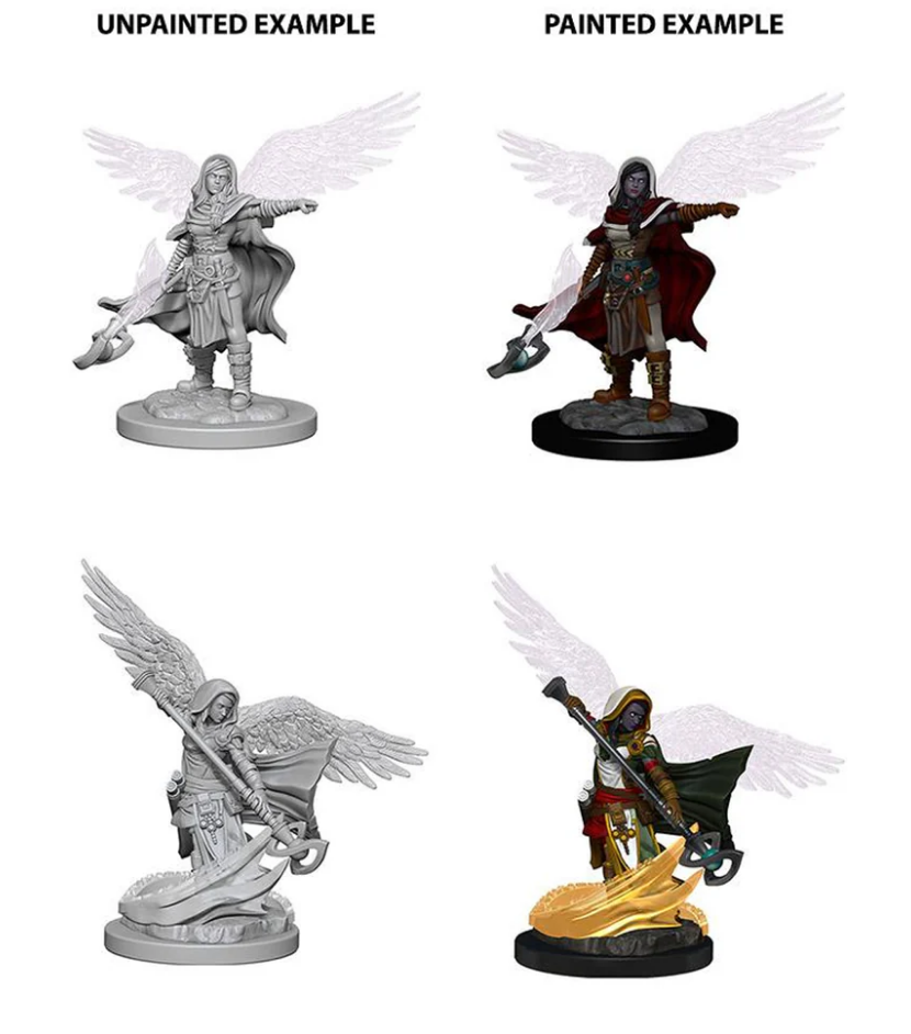 Unpainted and painted examples of Nolzur's Marvelous Miniatures Aasimar Female Wizard, showcasing intricate details and wings.