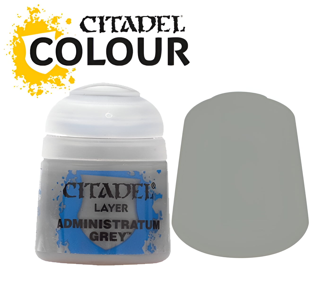 Citadel Layer paint in Administratum Grey, 12ml bottle with a grey color swatch beside it. Ideal for miniature painting.