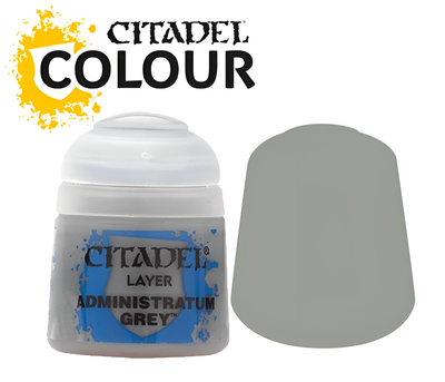 Citadel Layer paint in Administratum Grey, 12ml bottle with a grey color swatch beside it. Ideal for miniature painting.