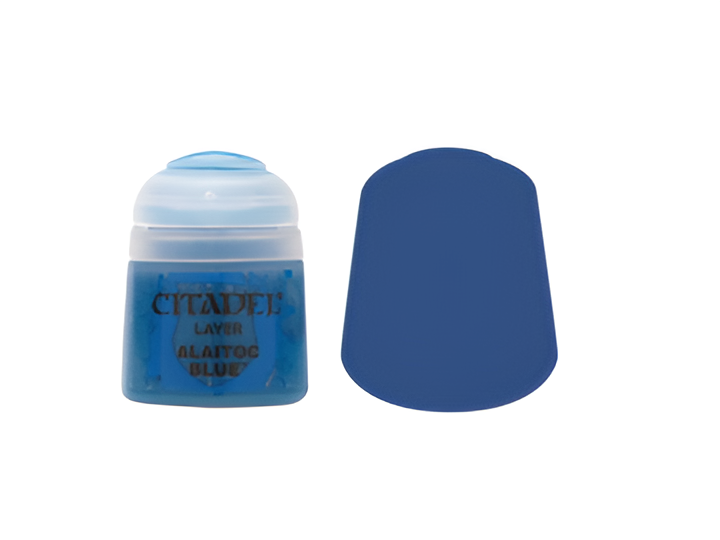Citadel Layer Alaitoc Blue paint bottle with a blue cap beside a color swatch of the same shade.