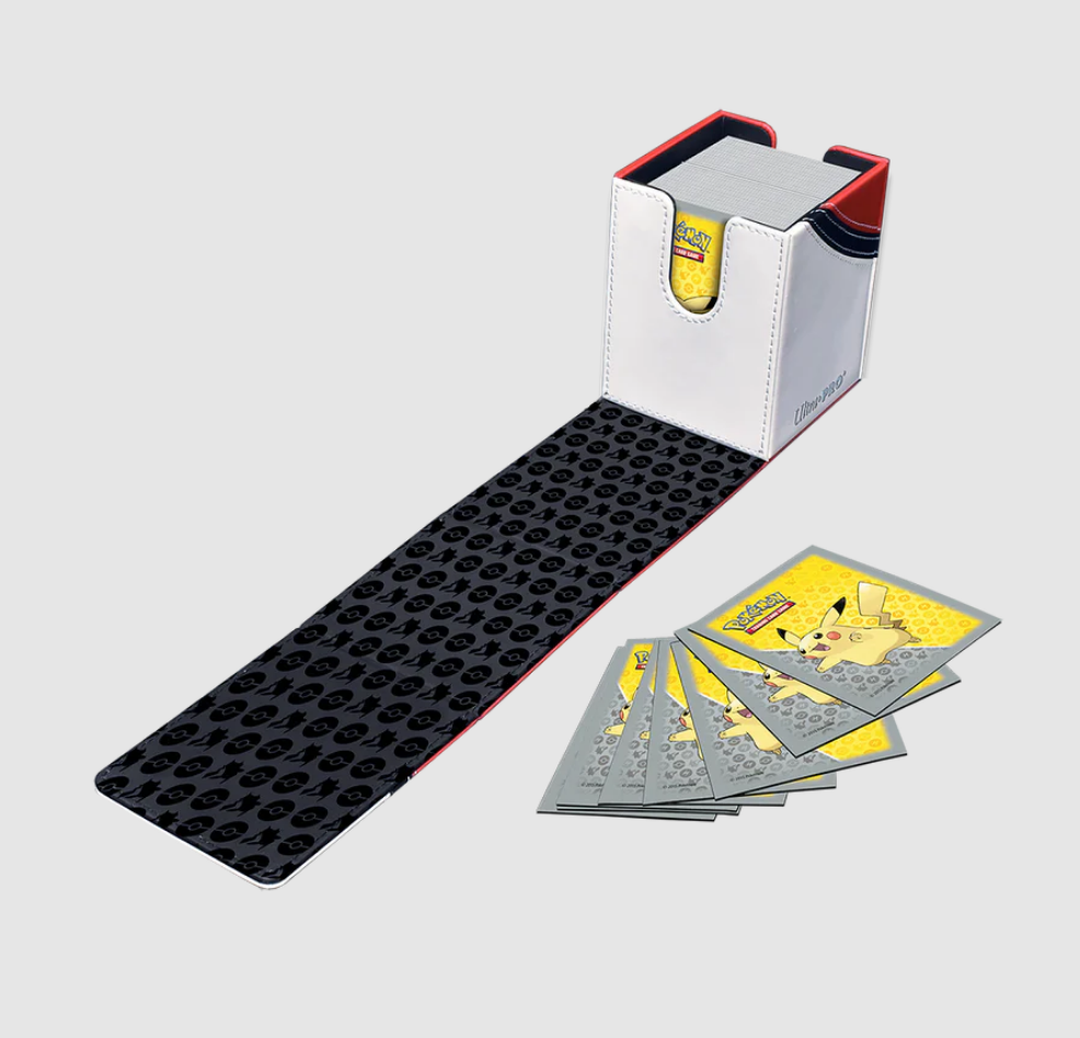 Alcove Flip 100+ Deckbox featuring a Poke Ball design, with cards displayed and a pull-out tray for easy access.