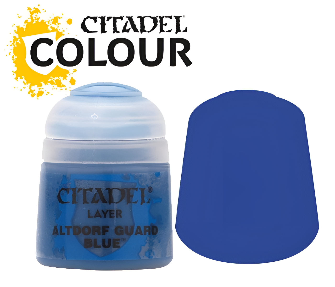 Citadel Layer Altdorf Guard Blue paint in a 12ml pot, featuring a vibrant blue color swatch next to the container.