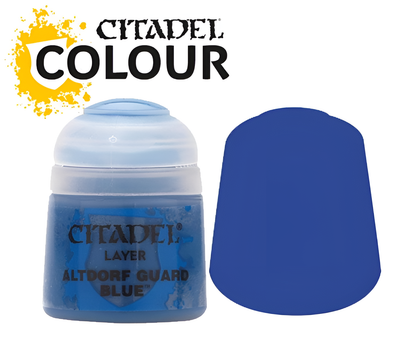 Citadel Layer Altdorf Guard Blue paint in a 12ml pot, featuring a vibrant blue color swatch next to the container.