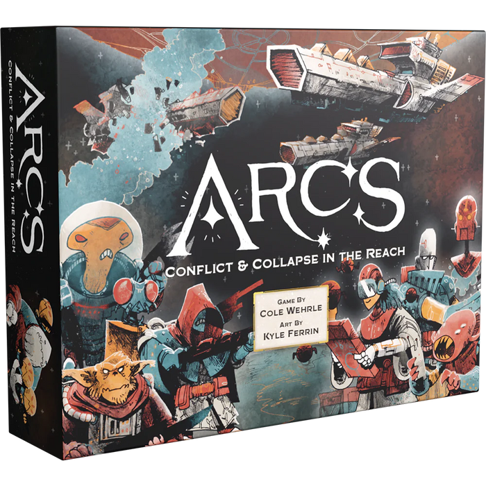 Box cover of the board game "Arcs," featuring colorful illustrations of space battles, characters, and ships.
