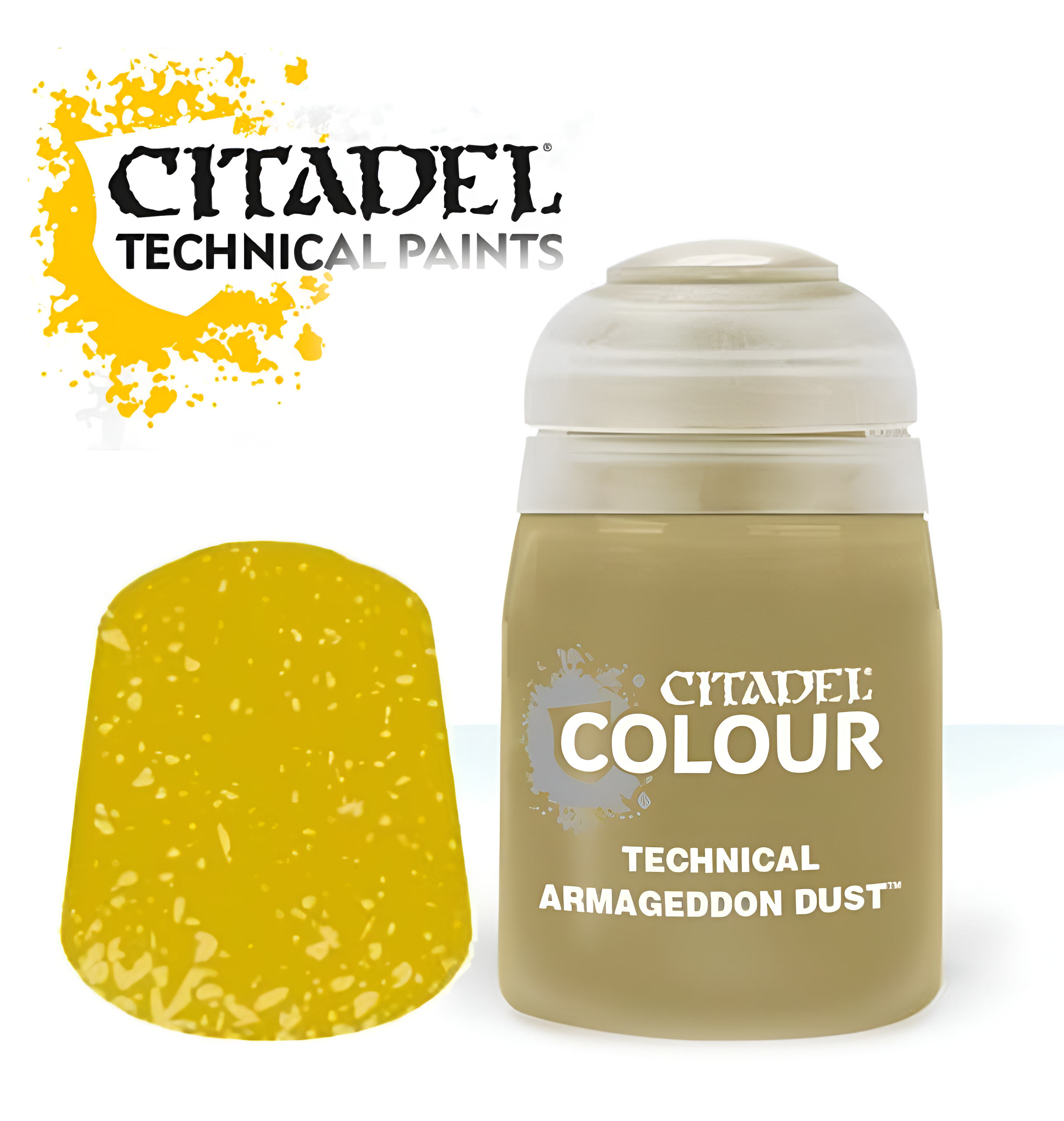 Citadel Technical Armageddon Dust paint (24ml) in a tan color, with a sample swatch showcasing its texture.