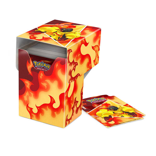 Pokemon Armarouge deck box featuring vibrant flame designs, ideal for storing trading cards securely.