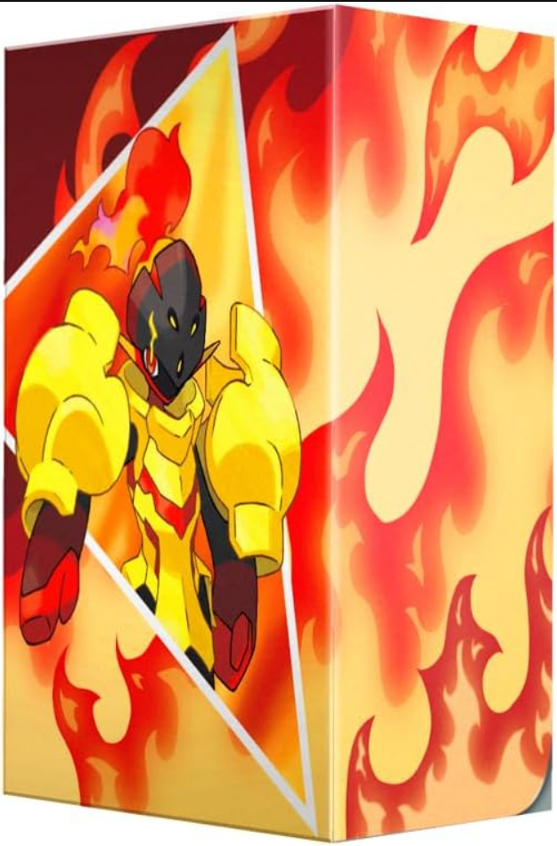 Deckbox featuring Armarouge from Pokemon, surrounded by vibrant flames and a dynamic background design.