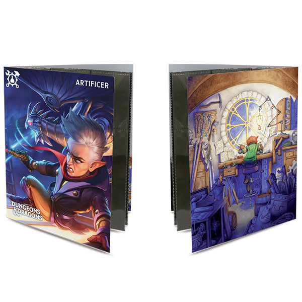Artificer portfolio for Dungeons and Dragons featuring a dynamic character illustration and a detailed workshop scene.