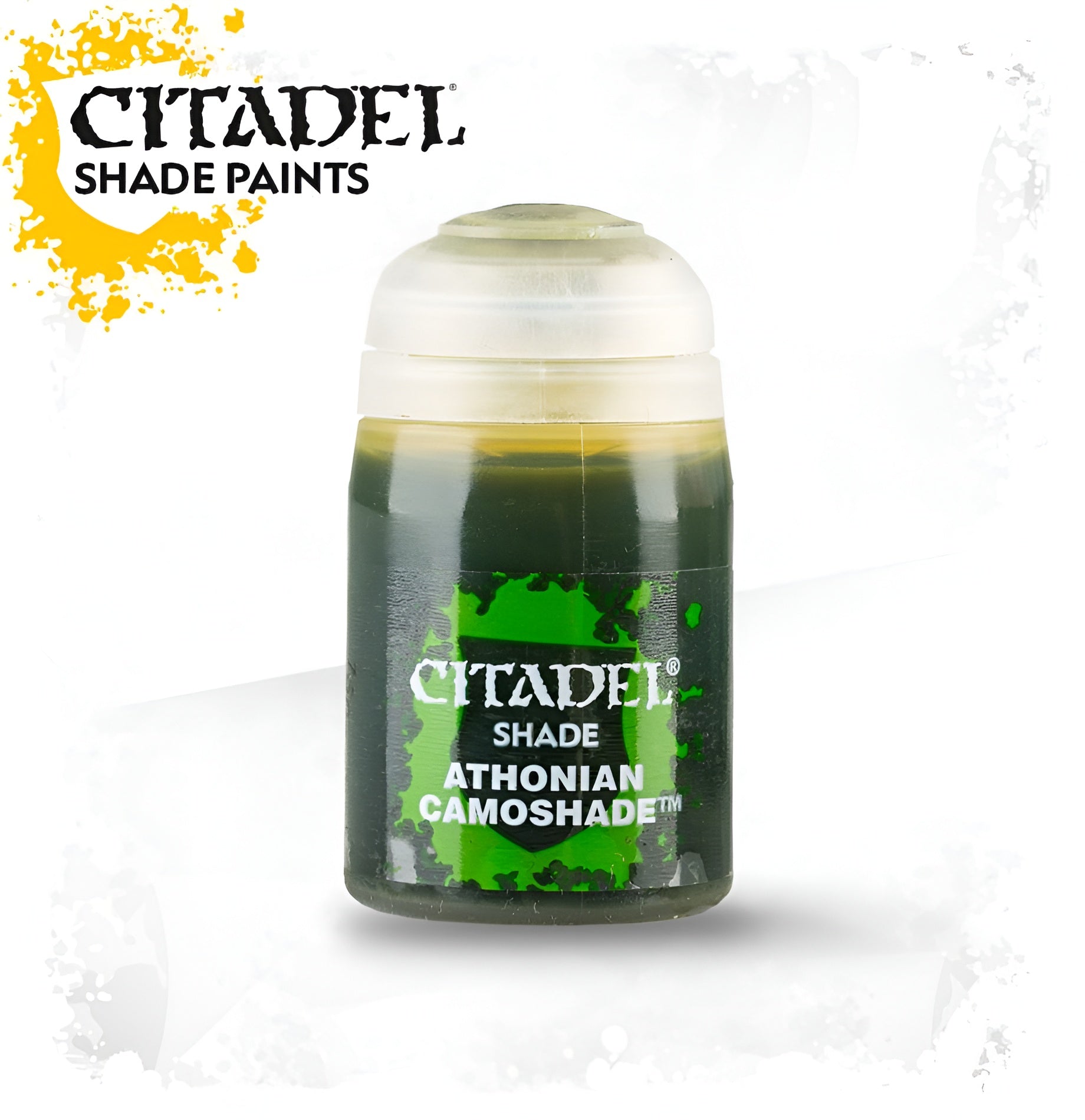 Citadel Shade Athonian Camoshade 18ml bottle, featuring a dark green paint ideal for adding depth to miniatures.