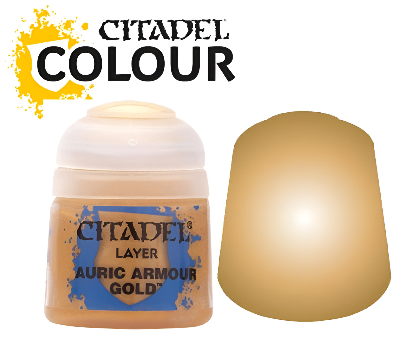 Citadel Layer Auric Armour Gold paint in a 12ml pot with a smooth gold color swatch beside it.