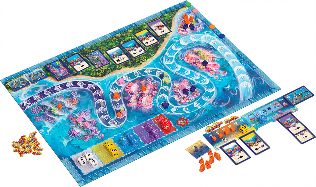 Colorful board game Australis featuring a vibrant game board, player pieces, and cards for strategic gameplay.