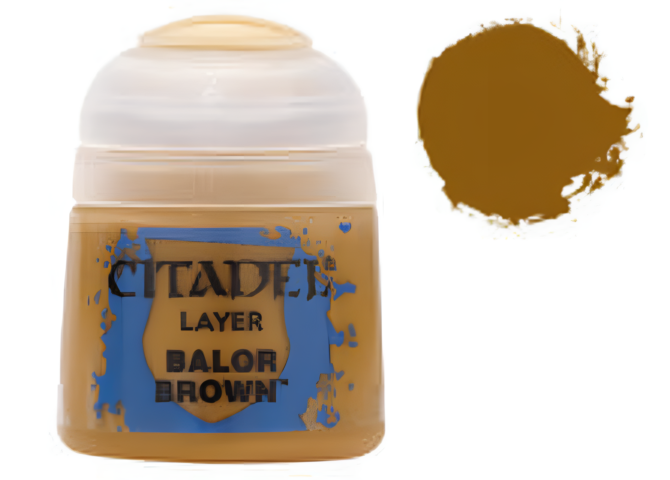 Citadel Layer Balor Brown paint (12ml) in a plastic container with a screw-top lid, featuring a color swatch beside it.