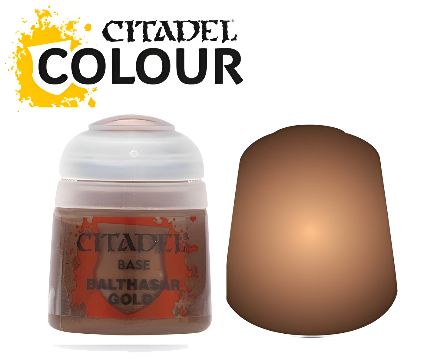 Citadel Base paint in Balthasar Gold, 12ml bottle, featuring a smooth brown-gold color for miniature painting.
