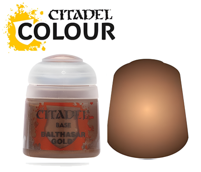 Citadel Base paint in Balthasar Gold, 12ml bottle, featuring a smooth brown-gold color for miniature painting.