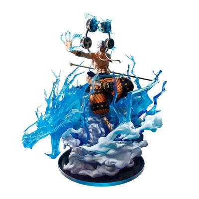Eneru figure from One Piece, featuring 60 Million Volt Lightning Dragon effects with dynamic blue energy and cloud base.