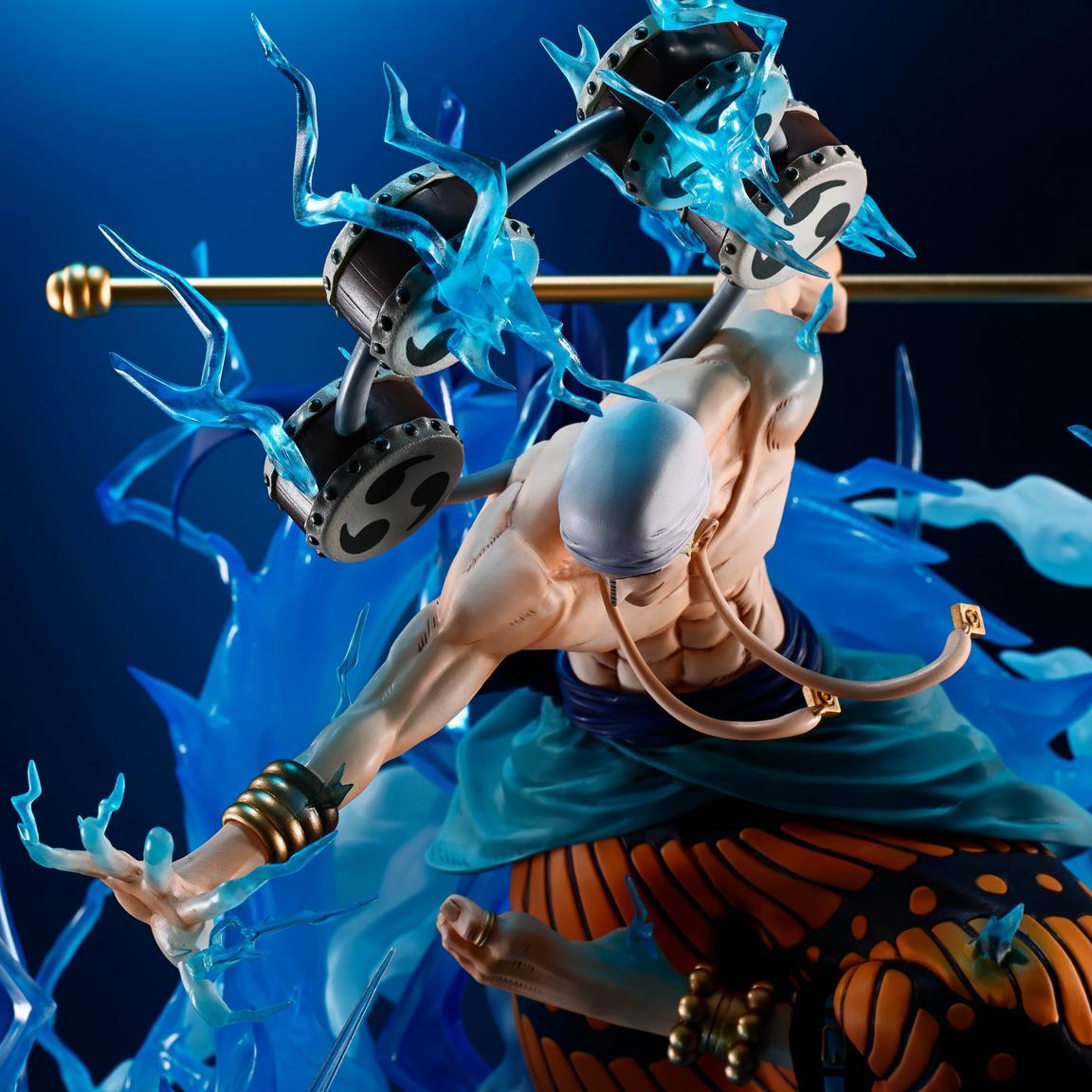 Eneru figure from One Piece, showcasing dynamic pose with lightning effects and intricate details. Preorder available.