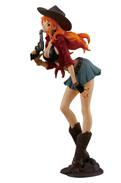 Banpresto One Piece Treasure Cruise World Journey Vol.1 figure of Nami, featuring her in a stylish outfit with a gun.
