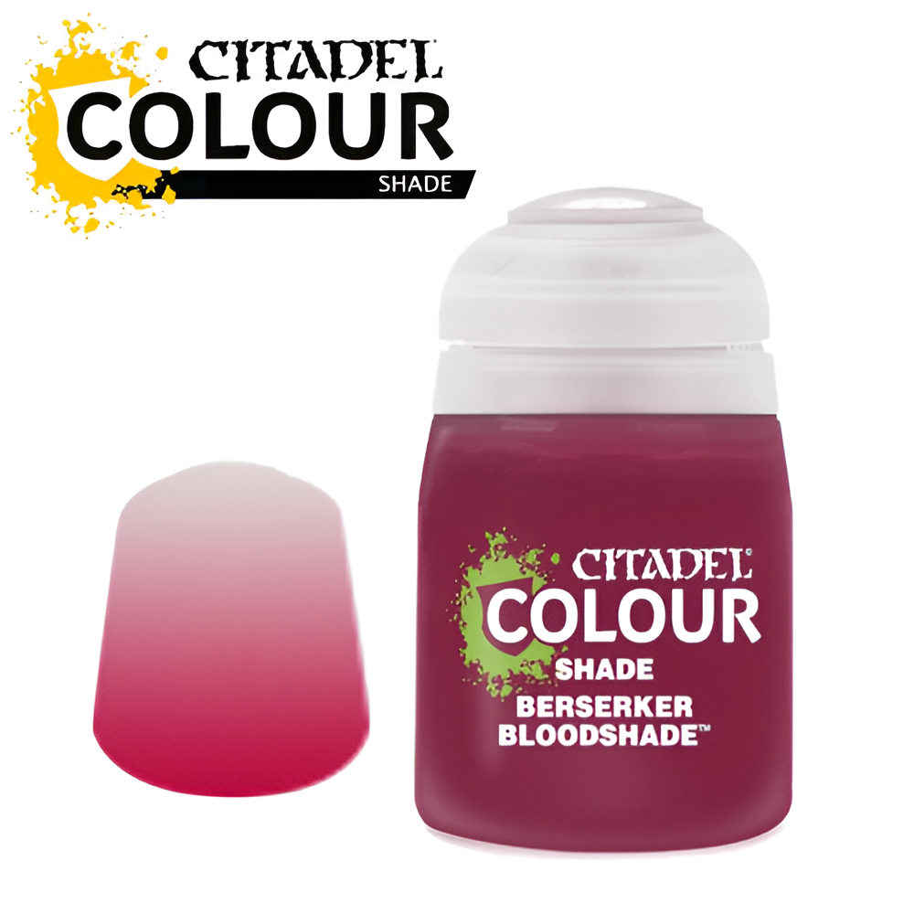 Citadel Shade Berserker Bloodshade 18ml bottle with a gradient swatch showcasing its rich red color for miniatures.