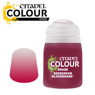 Citadel Shade Berserker Bloodshade 18ml bottle with a gradient swatch showcasing its rich red color for miniatures.