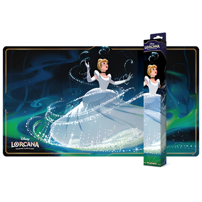 Disney Lorcana Fabled playmat featuring Cinderella casting a spell, with a vibrant blue and green background. Preorder now.
