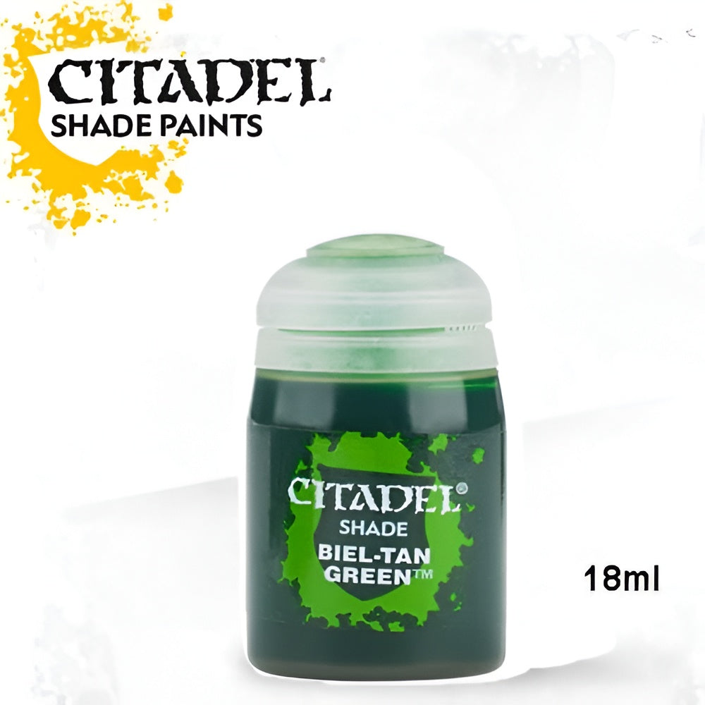 Citadel Shade Biel-Tan Green paint in an 18ml container, featuring a dark green color ideal for miniature painting.