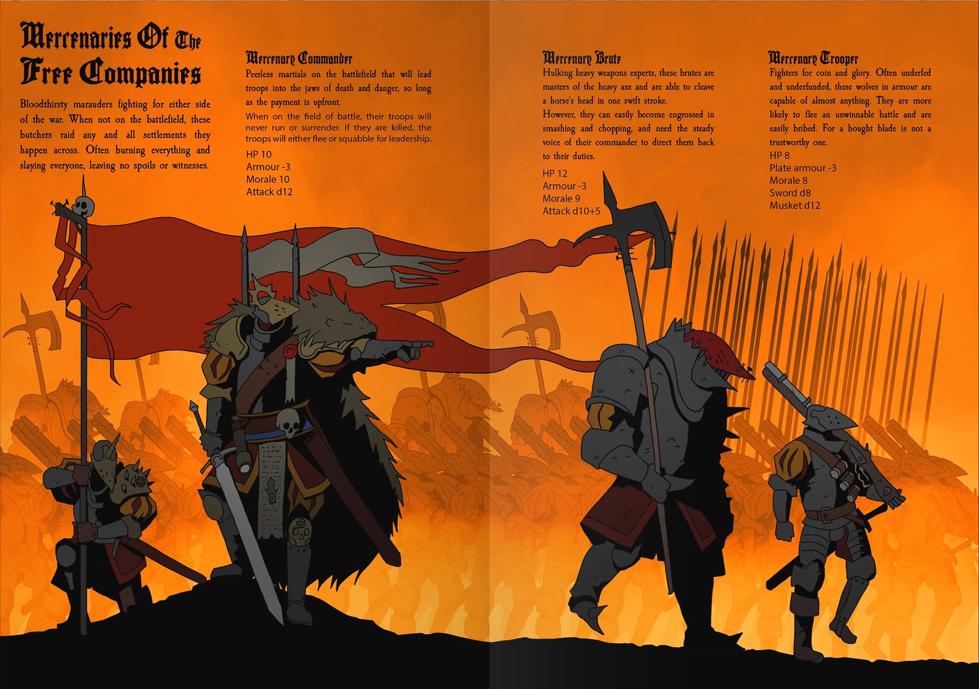 Illustration from Black Powder and Brimstone RPG featuring warrior characters in battle poses, set against a fiery background.