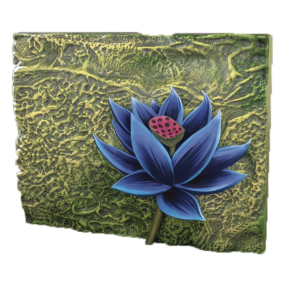 Relief sculpture of a blue lotus flower against a textured green background, inspired by Magic the Gathering's Black Lotus.