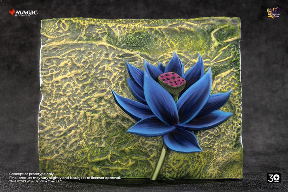 Relief sculpture of a blue lotus flower on a textured green background, inspired by Magic the Gathering's Black Lotus.