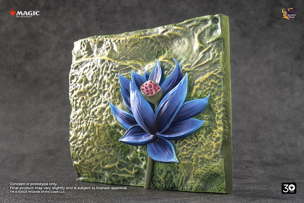 Relief sculpture of a blue lotus flower on a textured green background, inspired by Magic the Gathering's Black Lotus.
