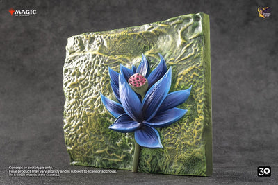 Relief sculpture of a blue lotus flower on a textured green background, inspired by Magic the Gathering's Black Lotus.